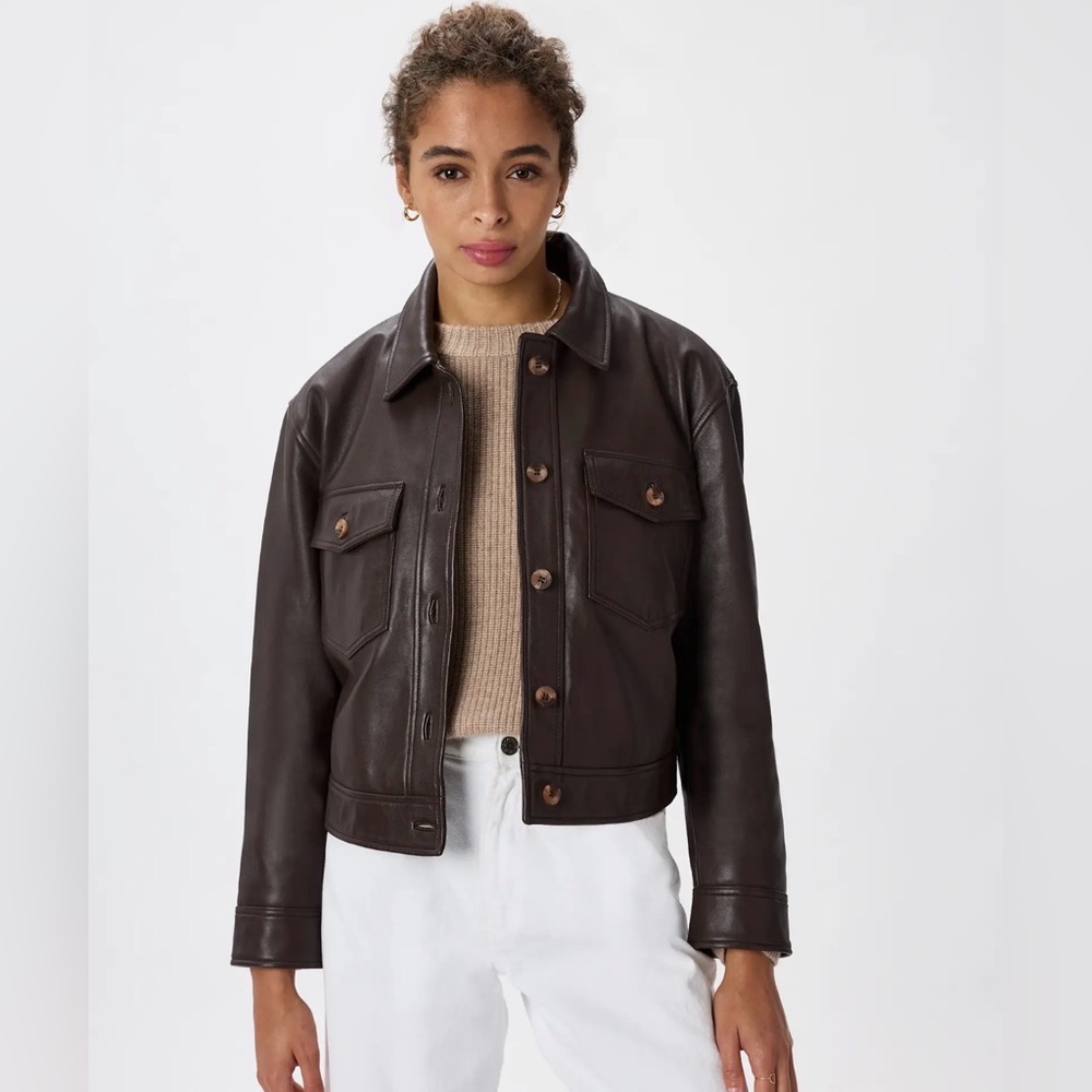 NWT Quince 100% Leather Cropped Jacket Rich Brown